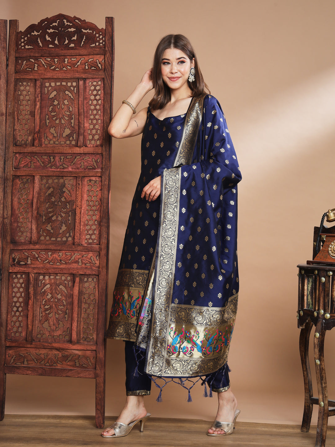 VredeVogel Ethnic Kurta with Trousers & Dupatta Set, Banarasi Silk Jacquard