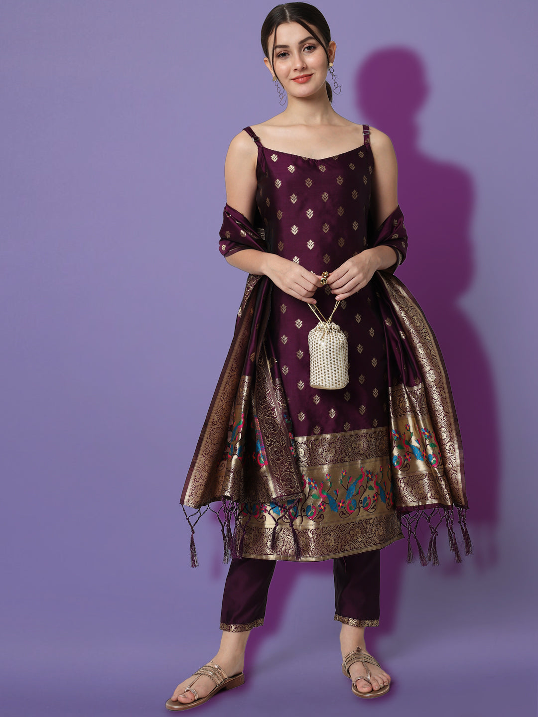 VredeVogel Ethnic Kurta with Trousers & Dupatta Set, Banarasi Silk Jacquard