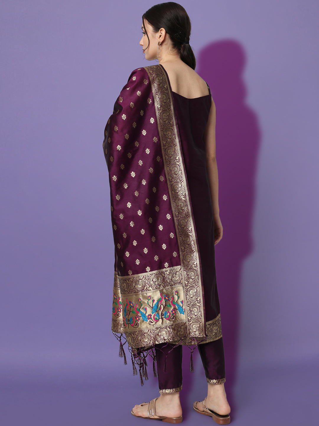 VredeVogel Ethnic Kurta with Trousers & Dupatta Set, Banarasi Silk Jacquard