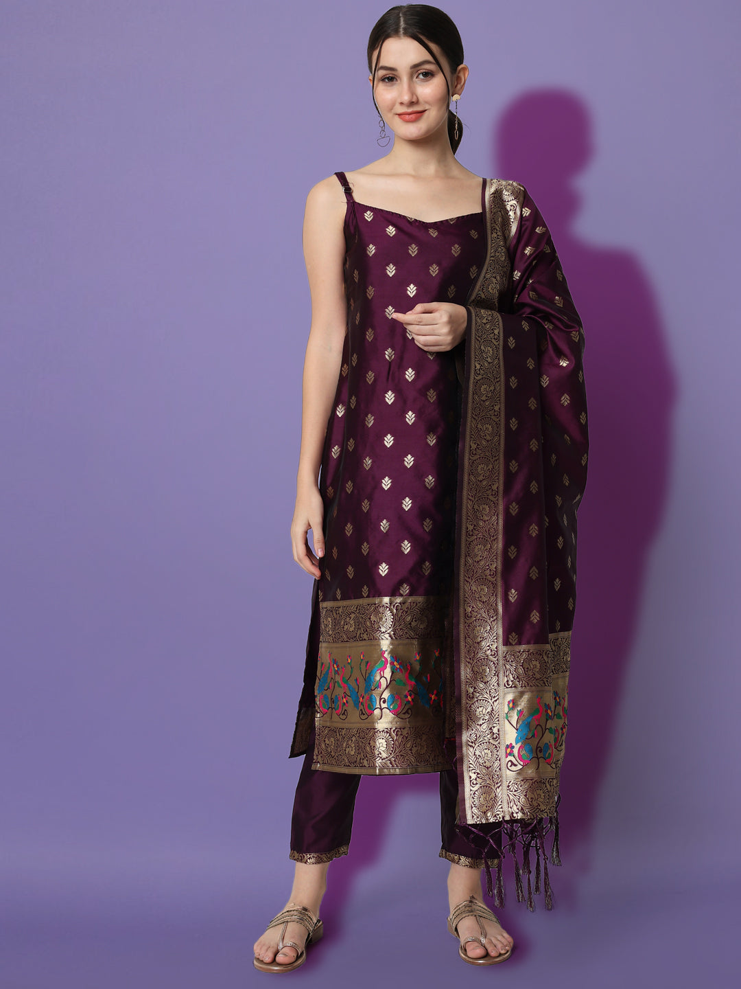 VredeVogel Ethnic Kurta with Trousers & Dupatta Set, Banarasi Silk Jacquard