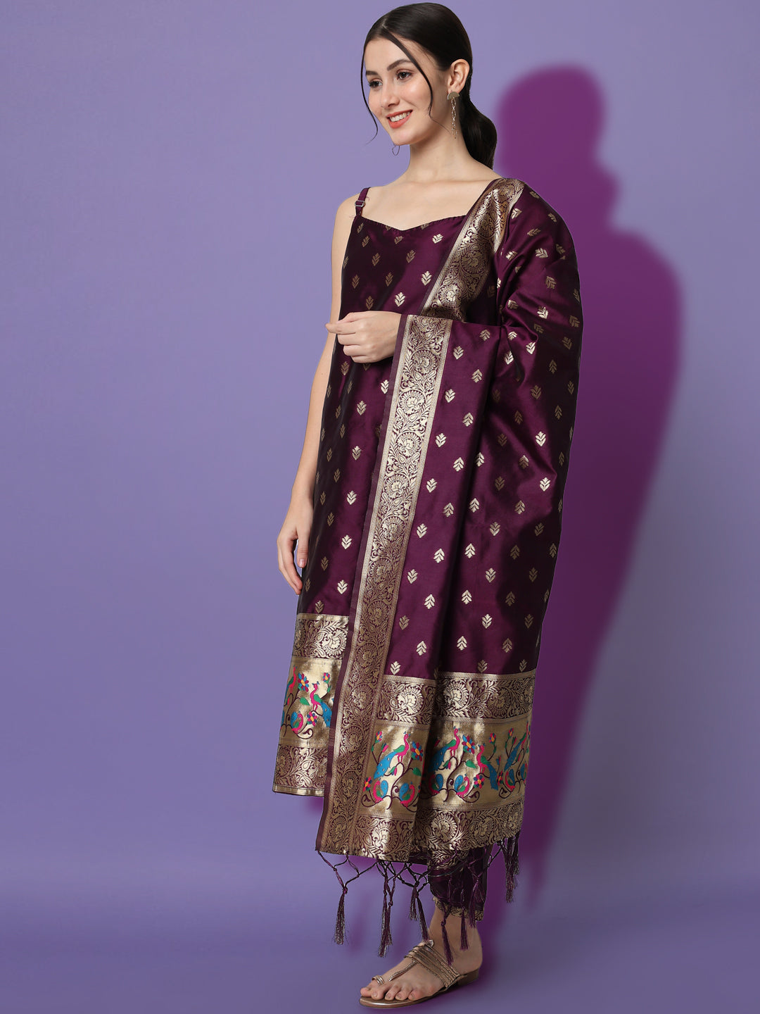 VredeVogel Ethnic Kurta with Trousers & Dupatta Set, Banarasi Silk Jacquard
