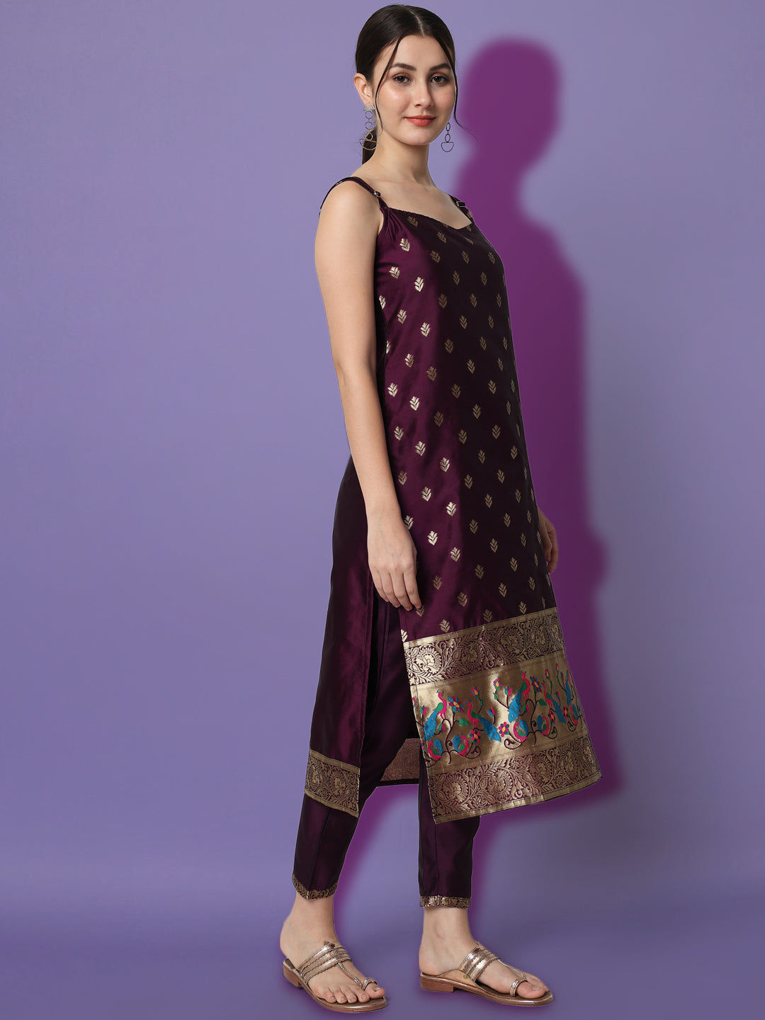 VredeVogel Ethnic Kurta with Trousers & Dupatta Set, Banarasi Silk Jacquard