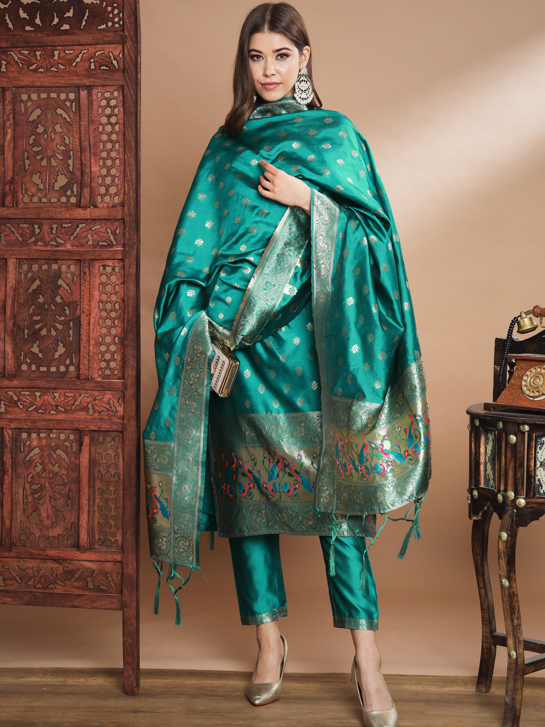 VredeVogel Ethnic Kurta with Trousers & Dupatta Set, Banarasi Silk Jacquard