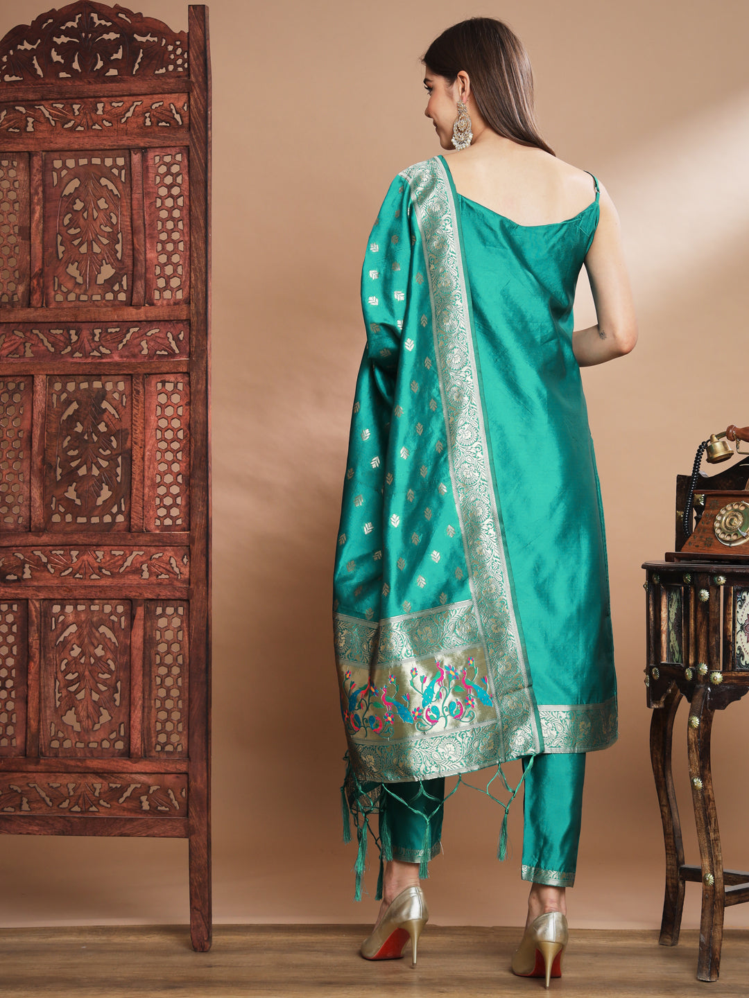 VredeVogel Ethnic Kurta with Trousers & Dupatta Set, Banarasi Silk Jacquard