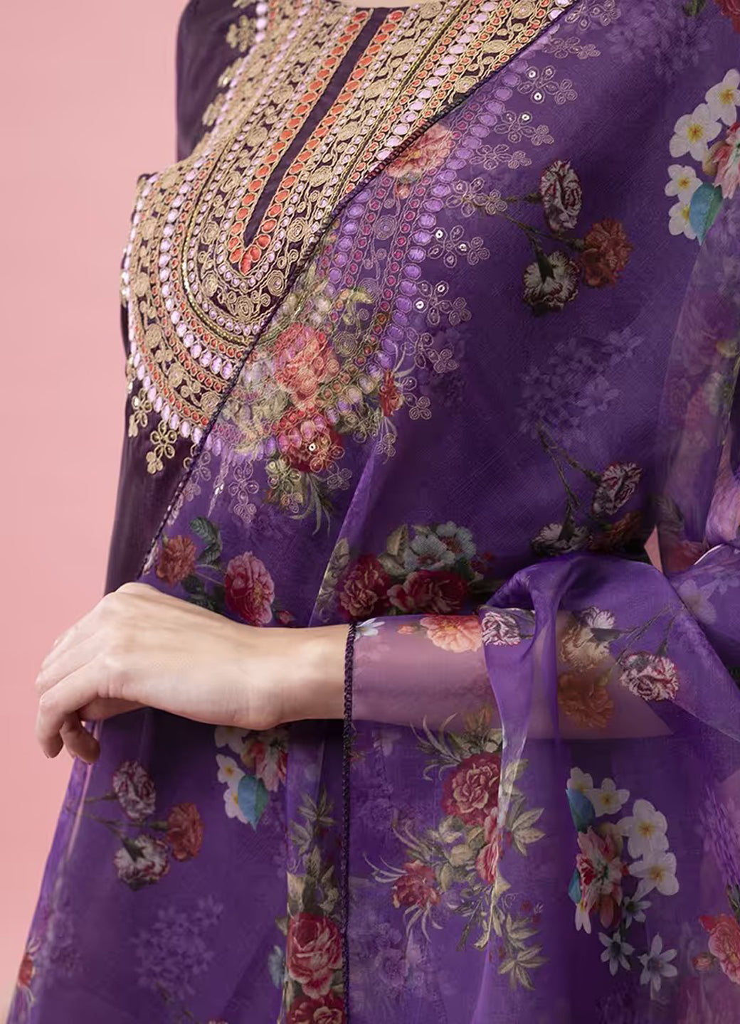 Mahima Elegant Silk Blend Kurta Pant Set with Coding Embroidery & Organza Dupatta – Perfect for Party Wear