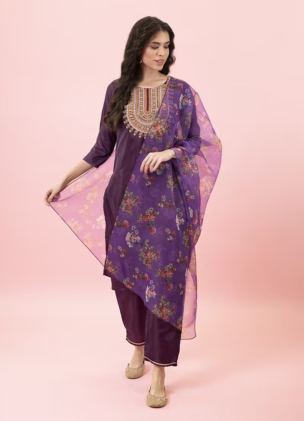 Mahima Elegant Silk Blend Kurta Pant Set with Coding Embroidery & Organza Dupatta – Perfect for Party Wear