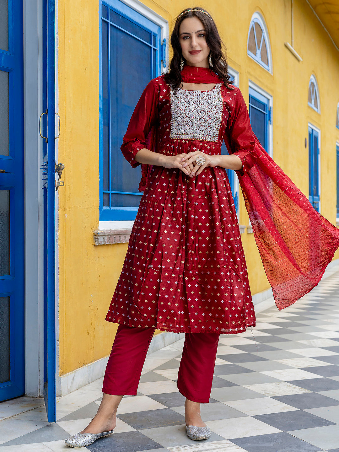 Kaveri Embroidered Chanderi Mehndi Suit Set with Dupatta Ethnic Sets