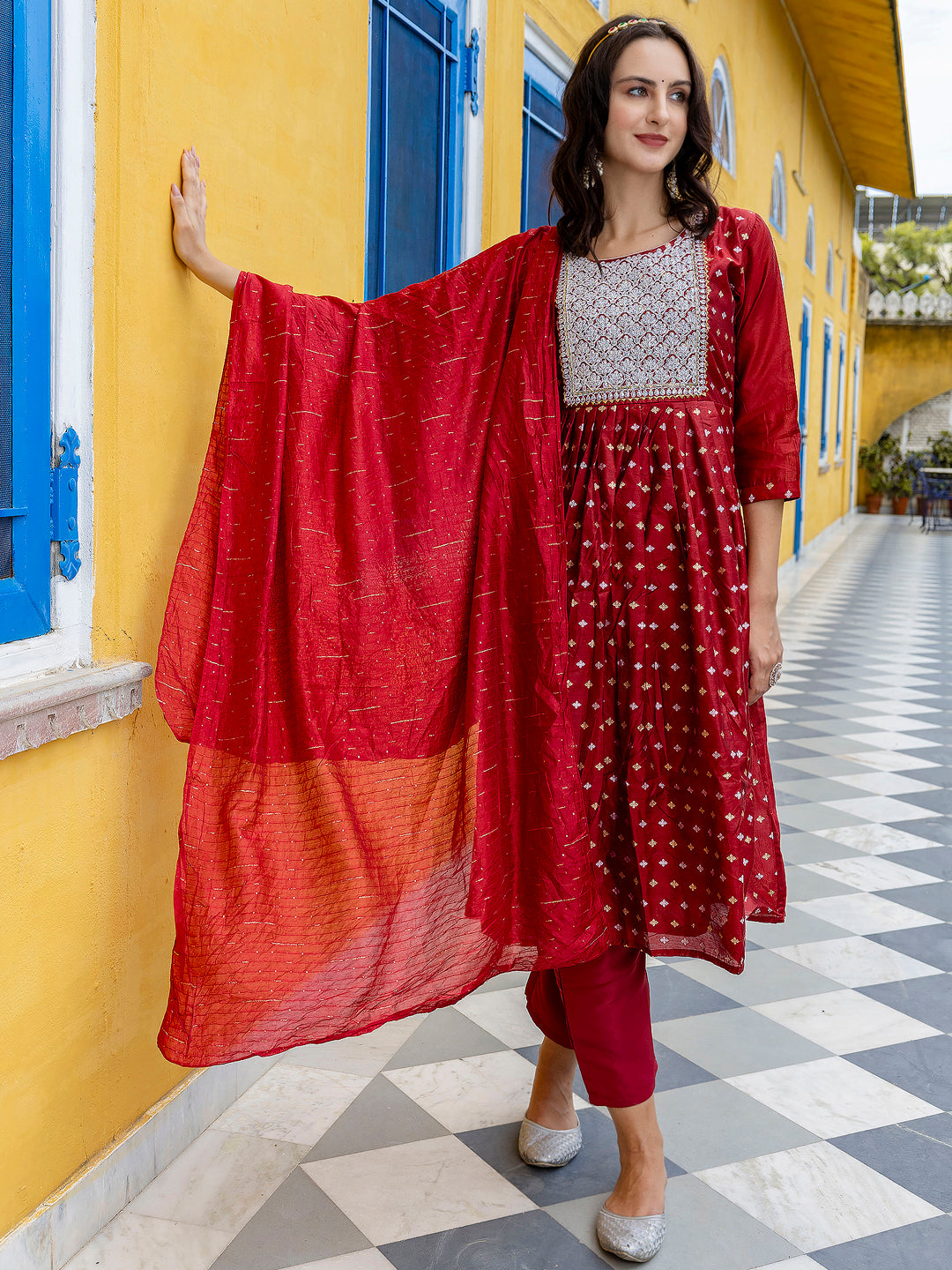 Kaveri Embroidered Chanderi Mehndi Suit Set with Dupatta Ethnic Sets