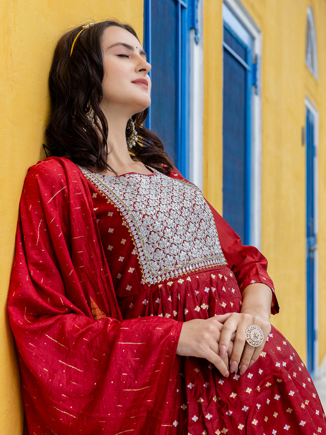 Kaveri Embroidered Chanderi Mehndi Suit Set with Dupatta Ethnic Sets