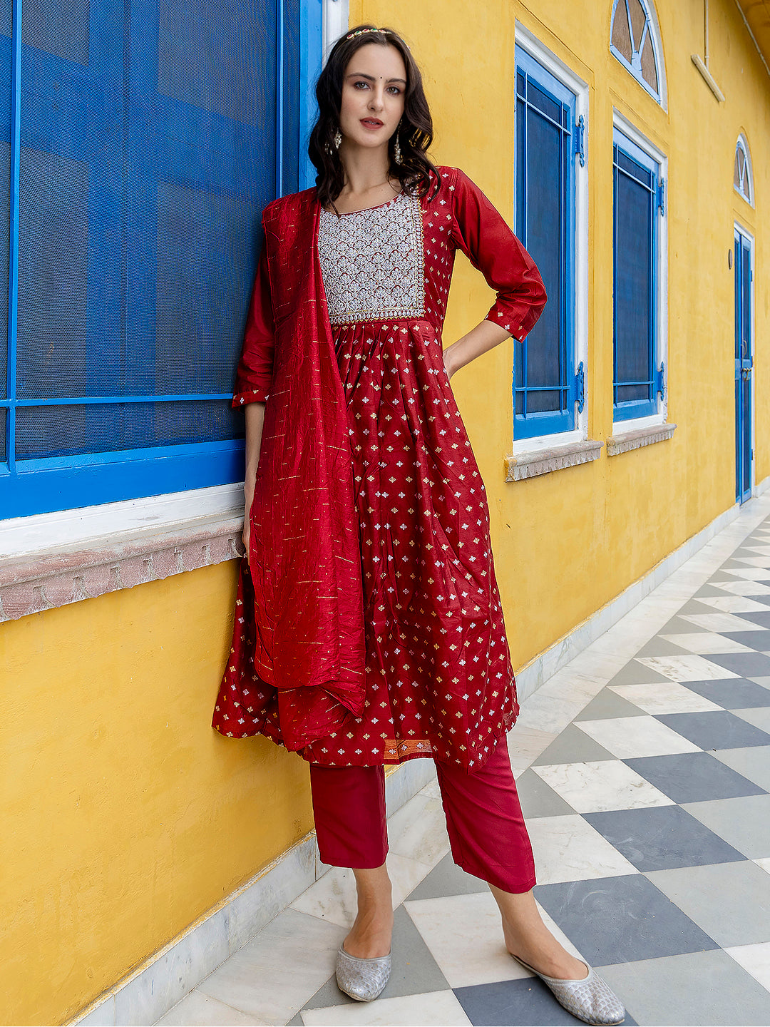 Kaveri Embroidered Chanderi Mehndi Suit Set with Dupatta Ethnic Sets