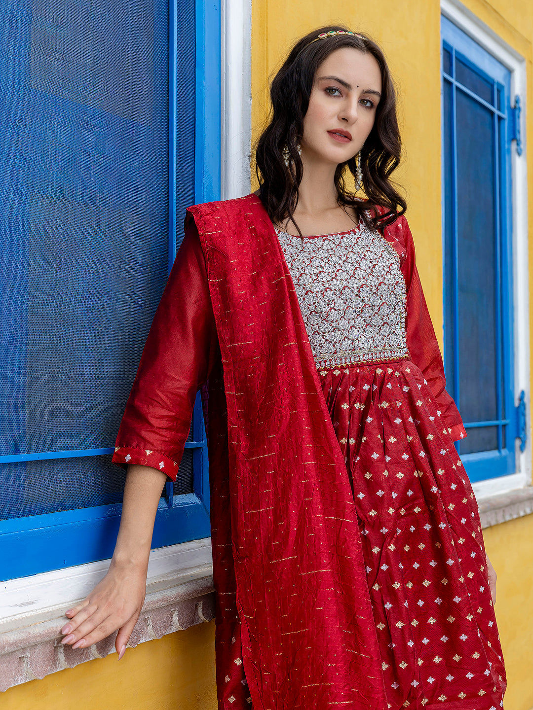 Kaveri Embroidered Chanderi Mehndi Suit Set with Dupatta Ethnic Sets