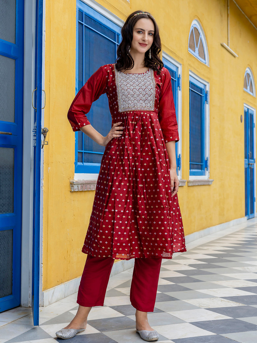 Kaveri Embroidered Chanderi Mehndi Suit Set with Dupatta Ethnic Sets