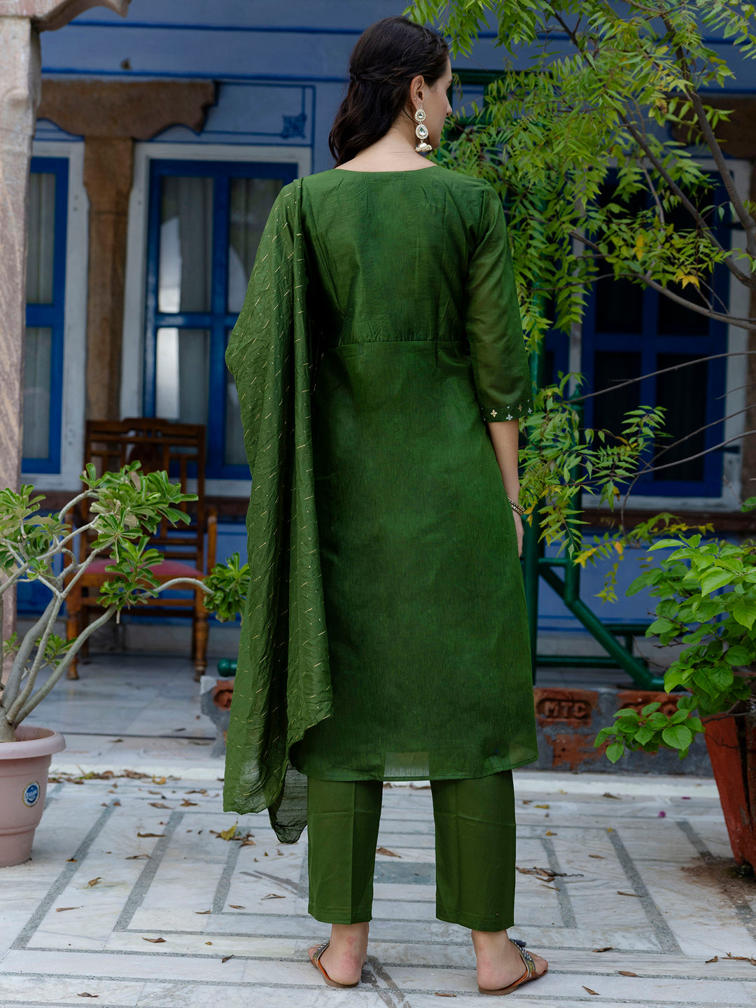 Kaveri Embroidered Chanderi Mehndi Suit Set with Dupatta Ethnic Sets