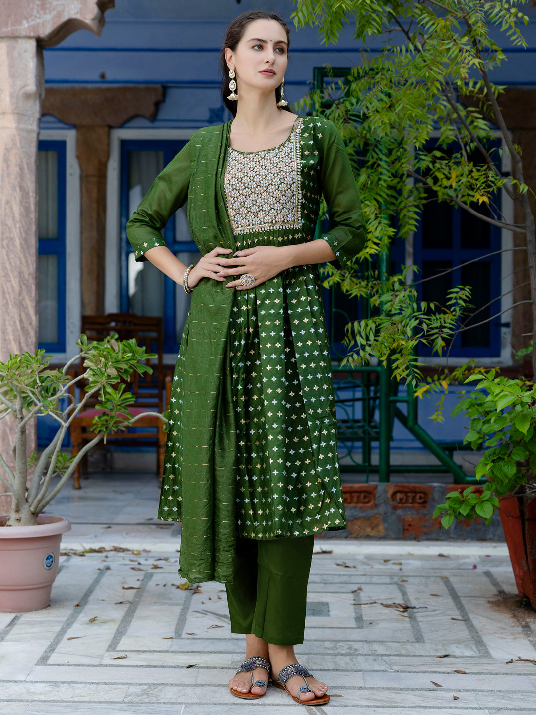 Kaveri Embroidered Chanderi Mehndi Suit Set with Dupatta Ethnic Sets