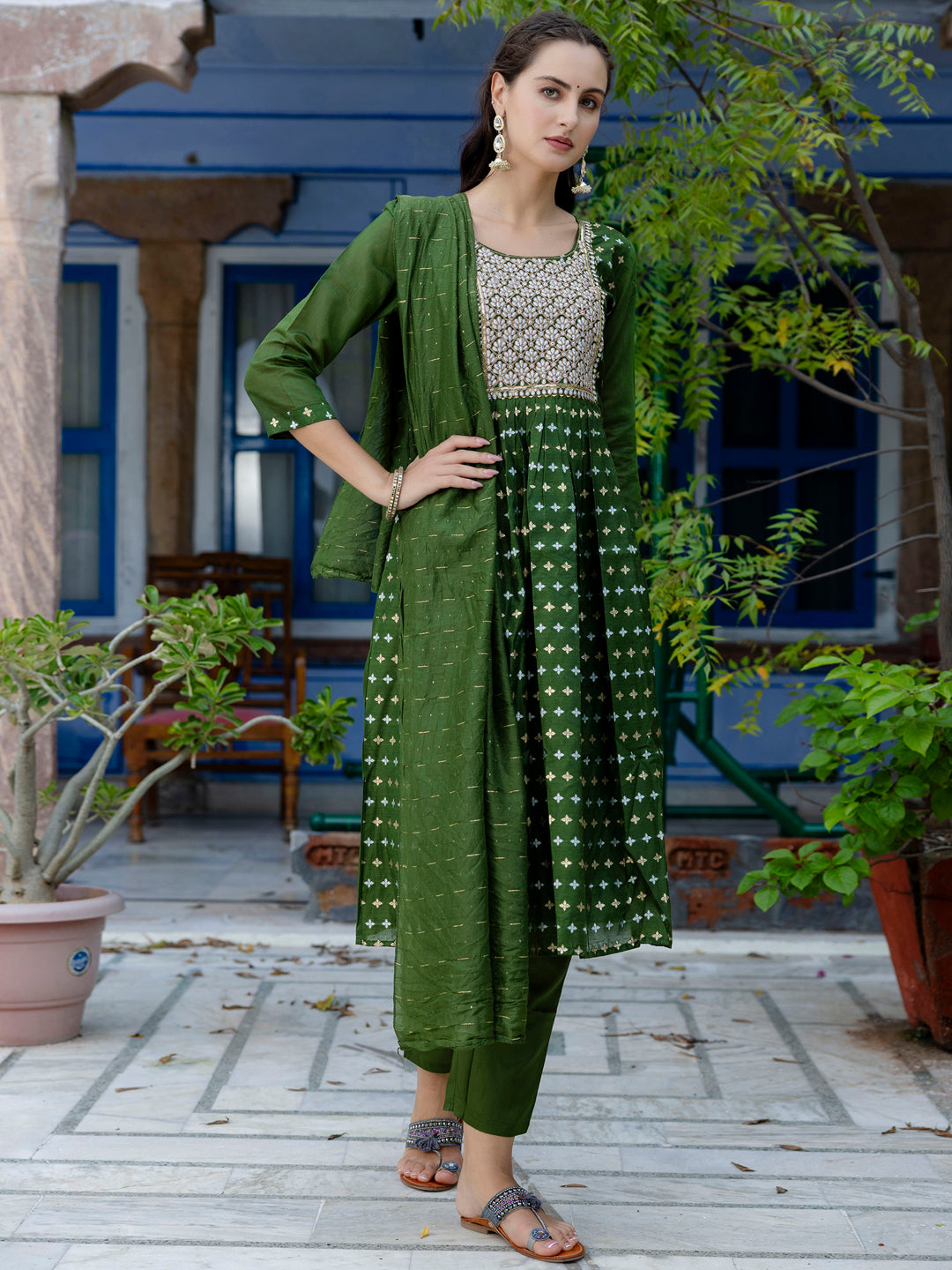 Kaveri Embroidered Chanderi Mehndi Suit Set with Dupatta Ethnic Sets