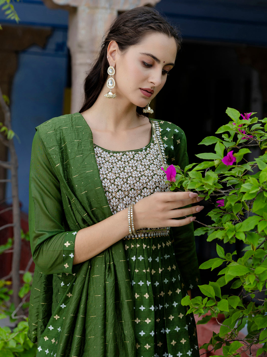 Kaveri Embroidered Chanderi Mehndi Suit Set with Dupatta Ethnic Sets
