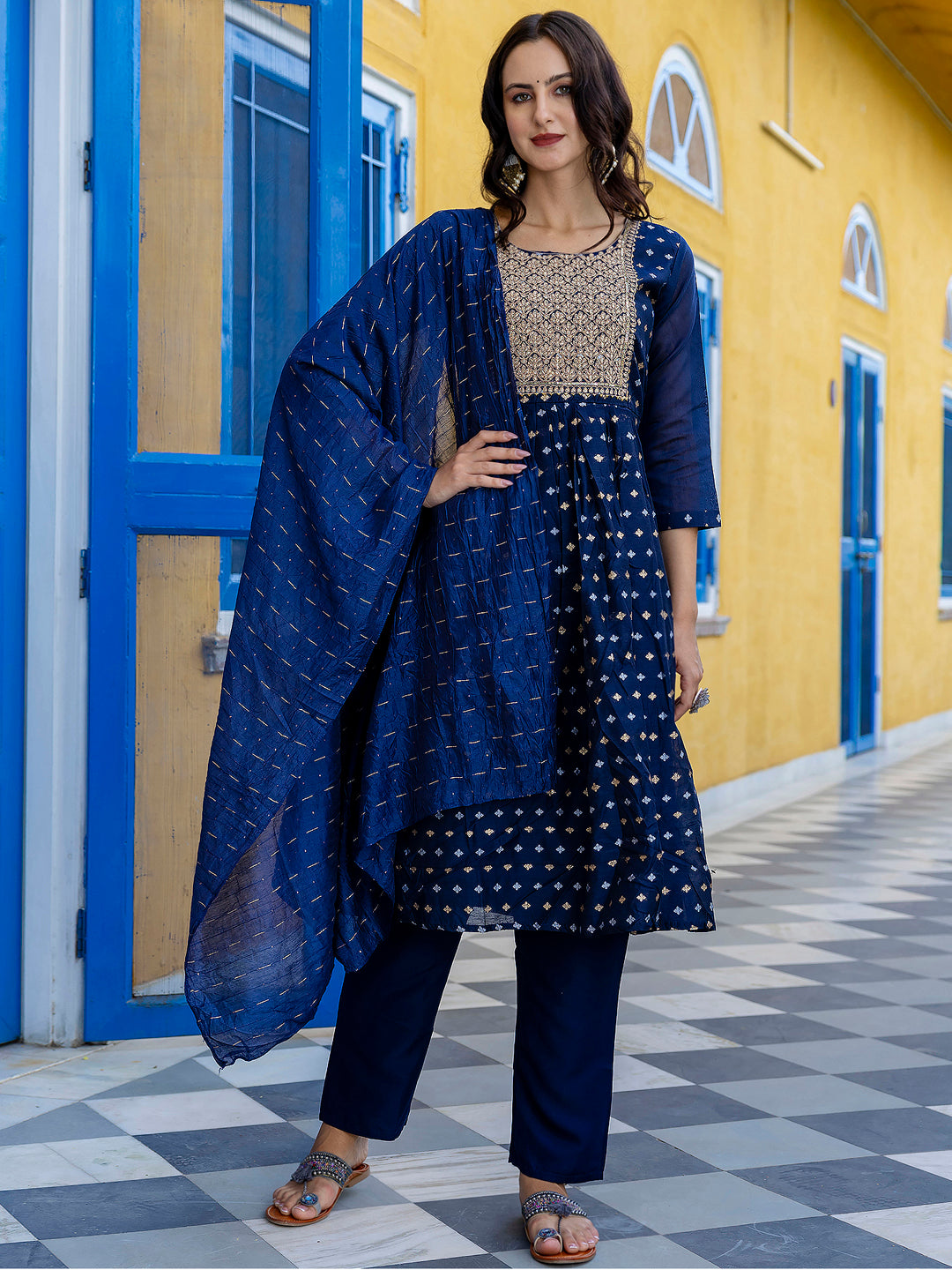 Kaveri Embroidered Chanderi Mehndi Suit Set with Dupatta Ethnic Sets