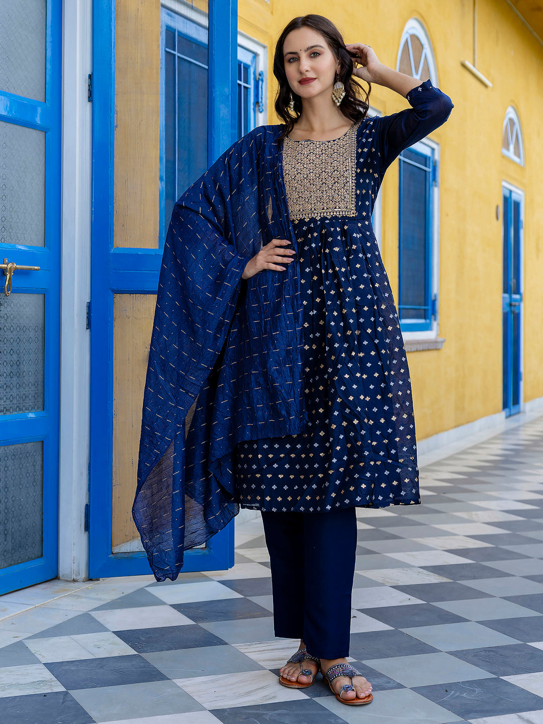 Kaveri Embroidered Chanderi Mehndi Suit Set with Dupatta Ethnic Sets
