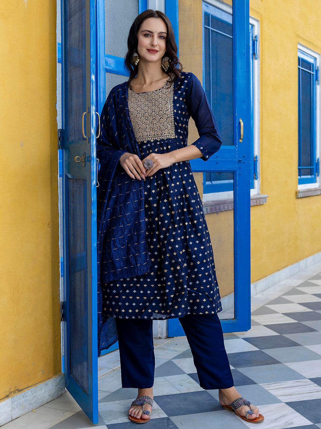 Kaveri Embroidered Chanderi Mehndi Suit Set with Dupatta Ethnic Sets