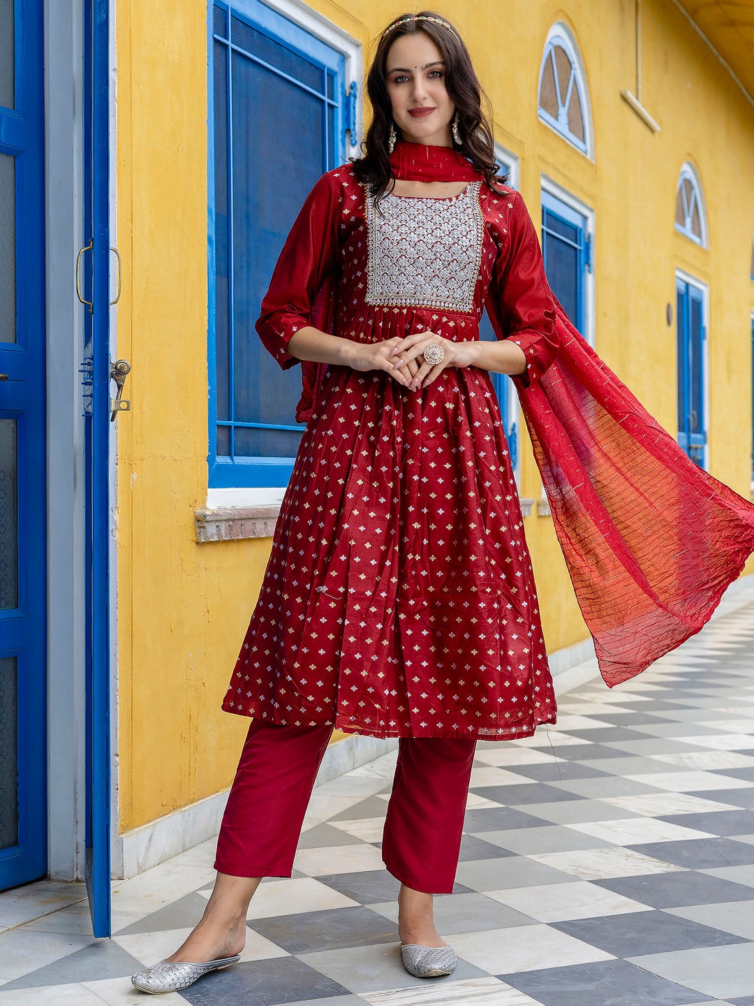 Kaveri Embroidered Chanderi Mehndi Suit Set with Dupatta Ethnic Sets