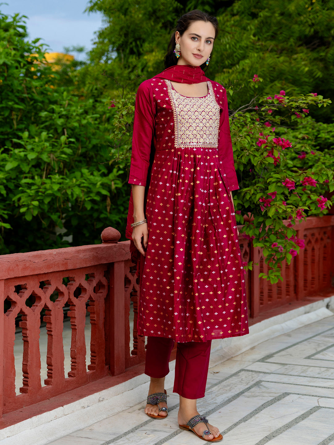 Kaveri Embroidered Chanderi Mehndi Suit Set with Dupatta Ethnic Sets