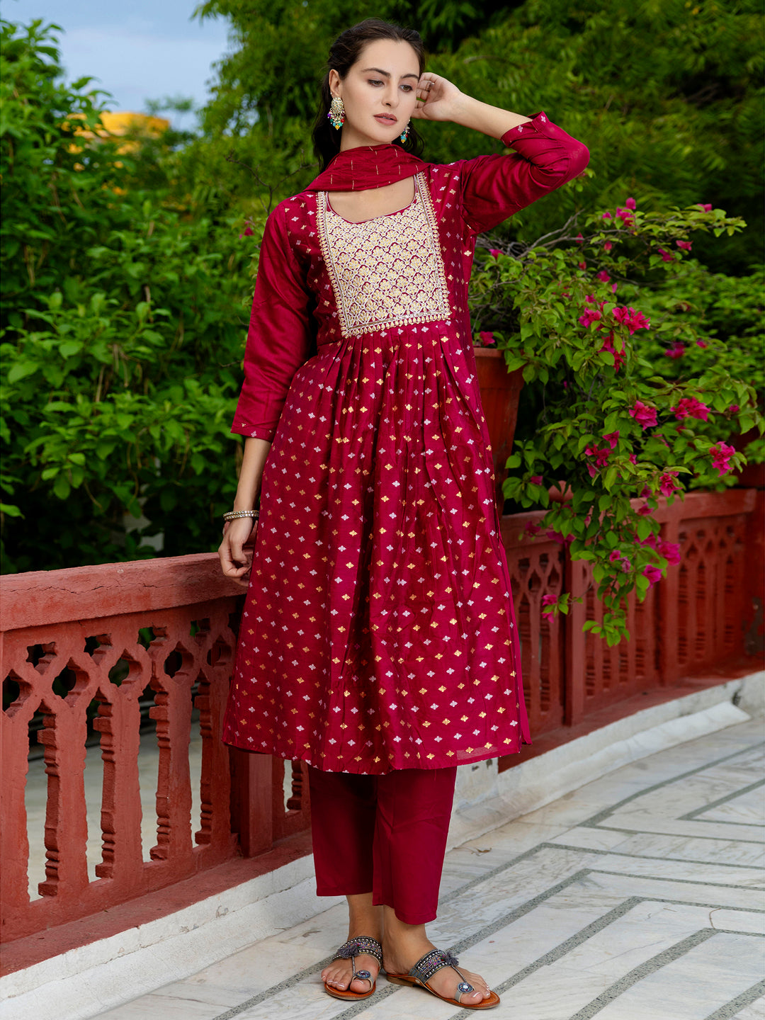 Kaveri Embroidered Chanderi Mehndi Suit Set with Dupatta Ethnic Sets