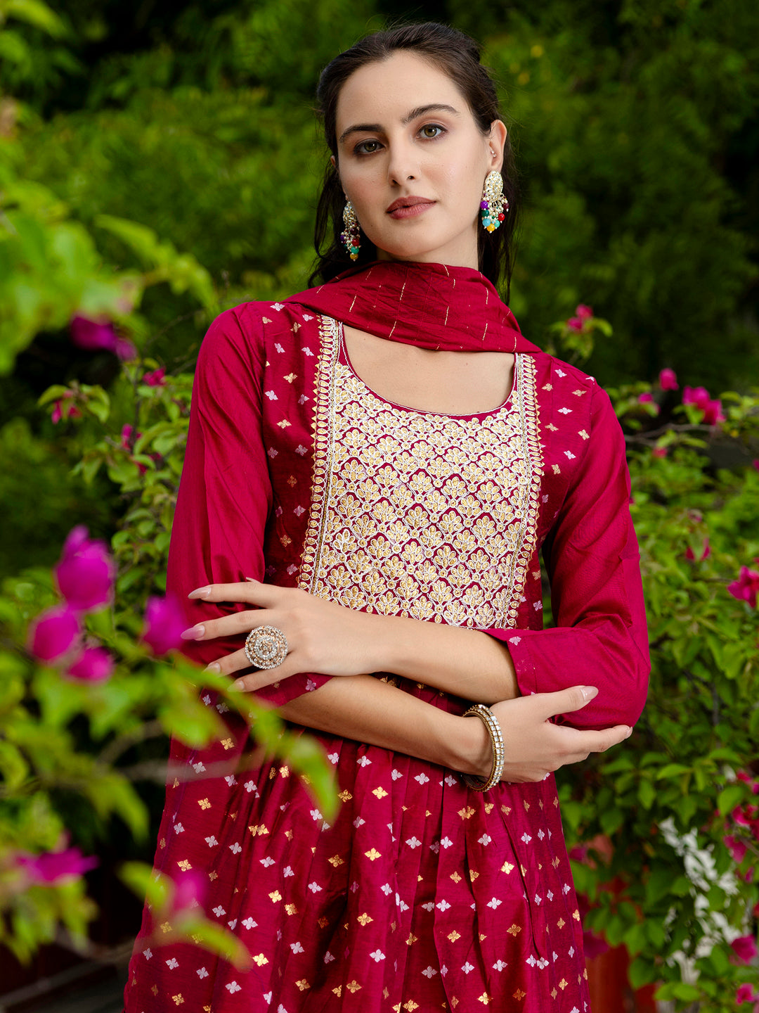 Kaveri Embroidered Chanderi Mehndi Suit Set with Dupatta Ethnic Sets