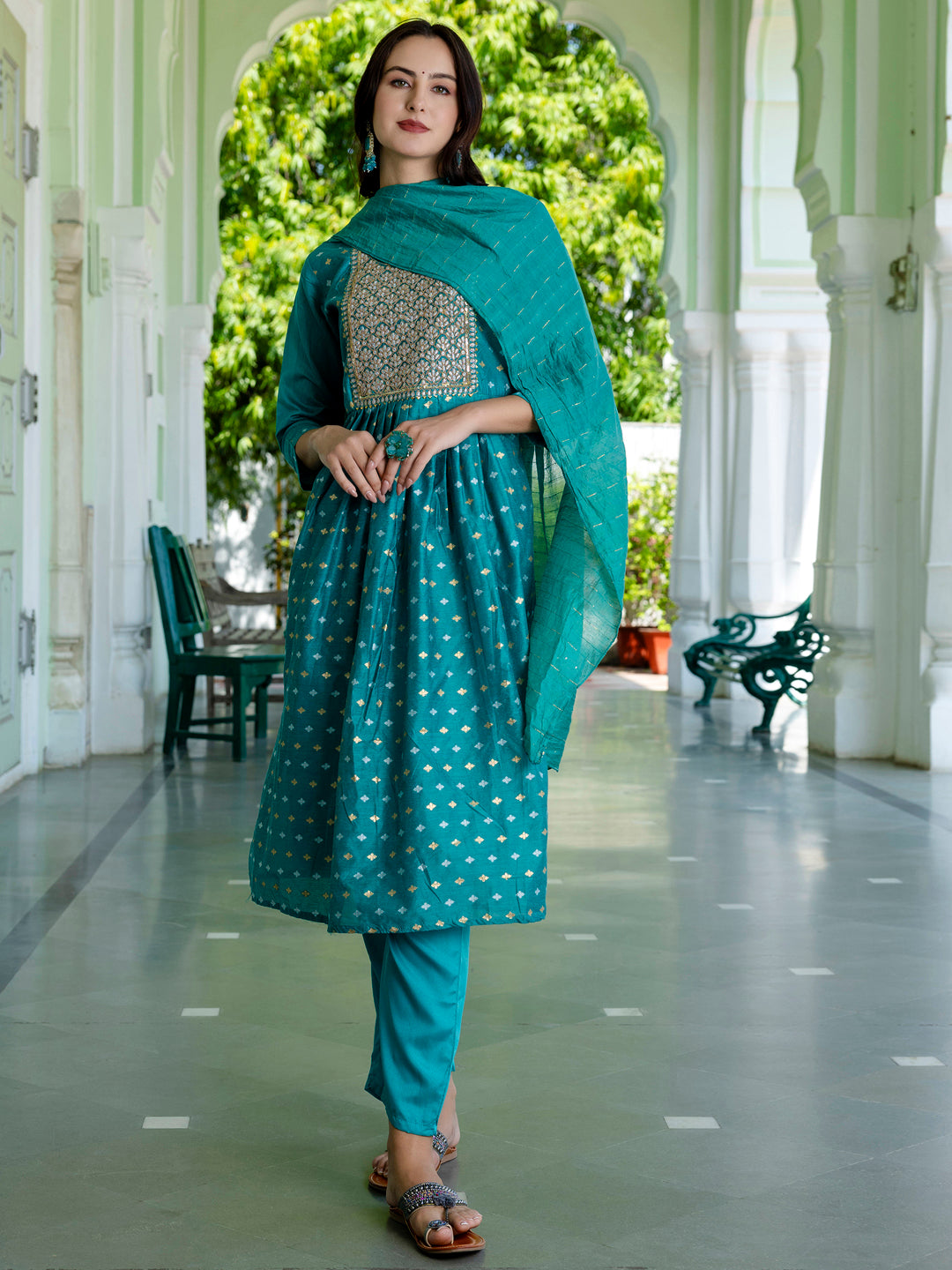 Kaveri Embroidered Chanderi Mehndi Suit Set with Dupatta Ethnic Sets
