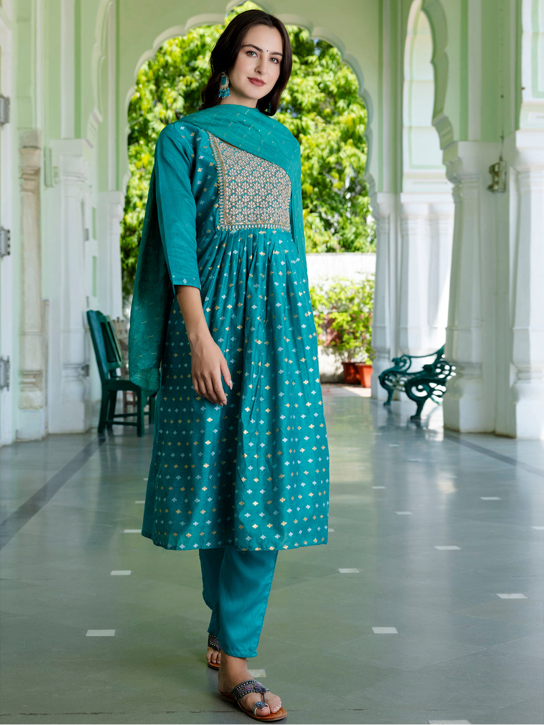 Kaveri Embroidered Chanderi Mehndi Suit Set with Dupatta Ethnic Sets