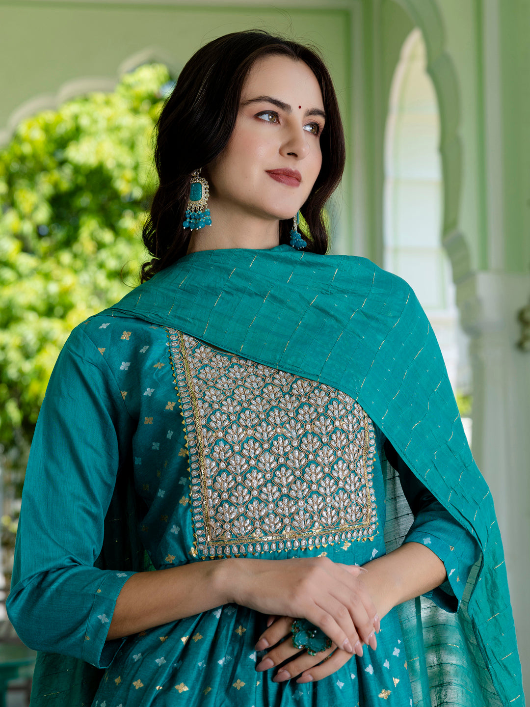 Kaveri Embroidered Chanderi Mehndi Suit Set with Dupatta Ethnic Sets