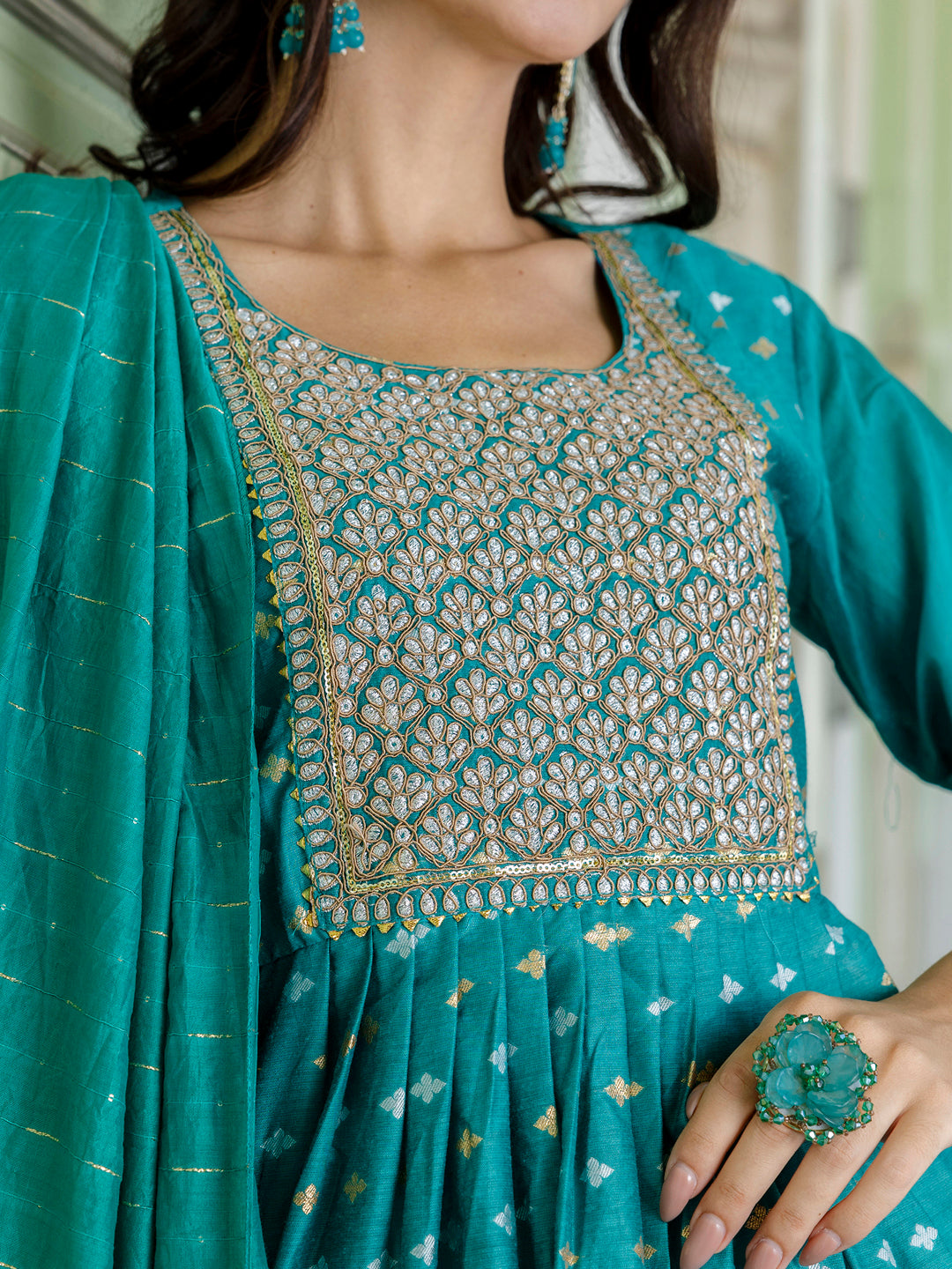 Kaveri Embroidered Chanderi Mehndi Suit Set with Dupatta Ethnic Sets