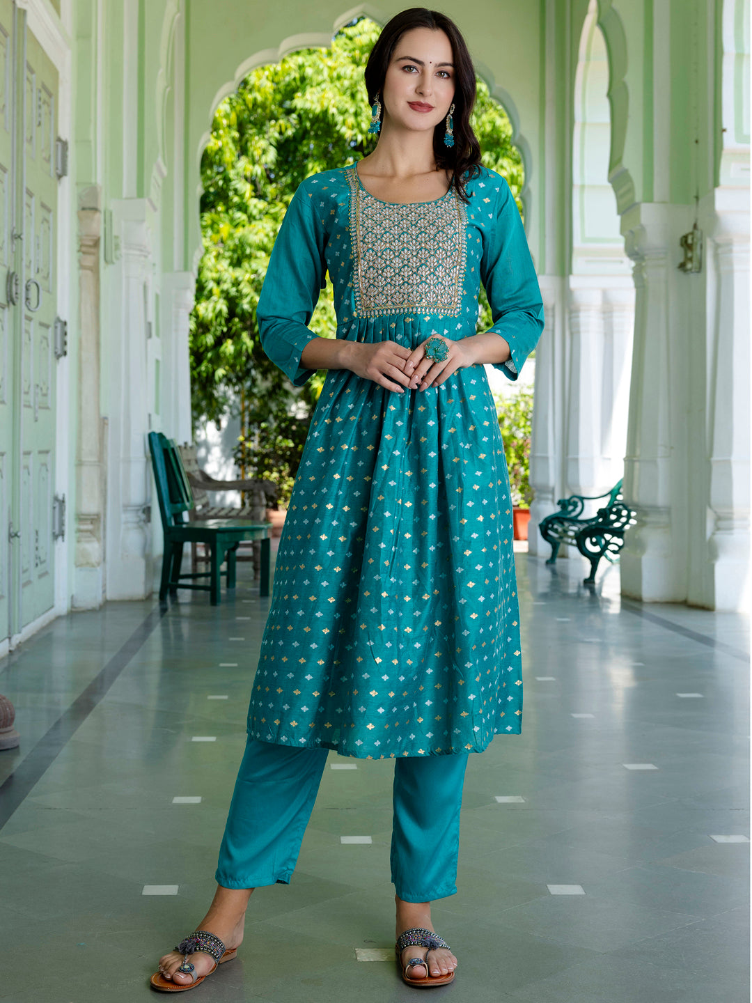 Kaveri Embroidered Chanderi Mehndi Suit Set with Dupatta Ethnic Sets