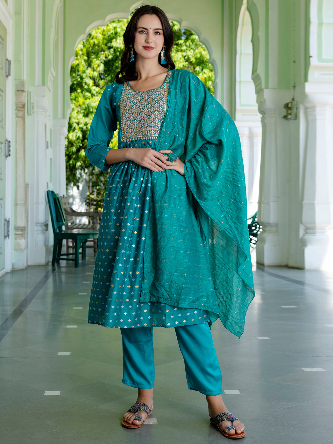 Kaveri Embroidered Chanderi Mehndi Suit Set with Dupatta Ethnic Sets