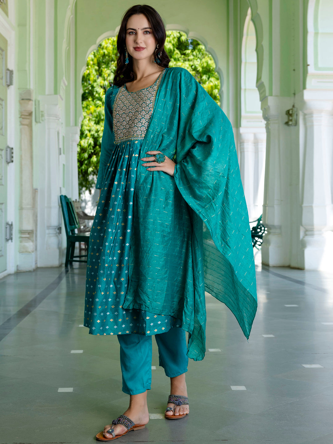 Kaveri Embroidered Chanderi Mehndi Suit Set with Dupatta Ethnic Sets