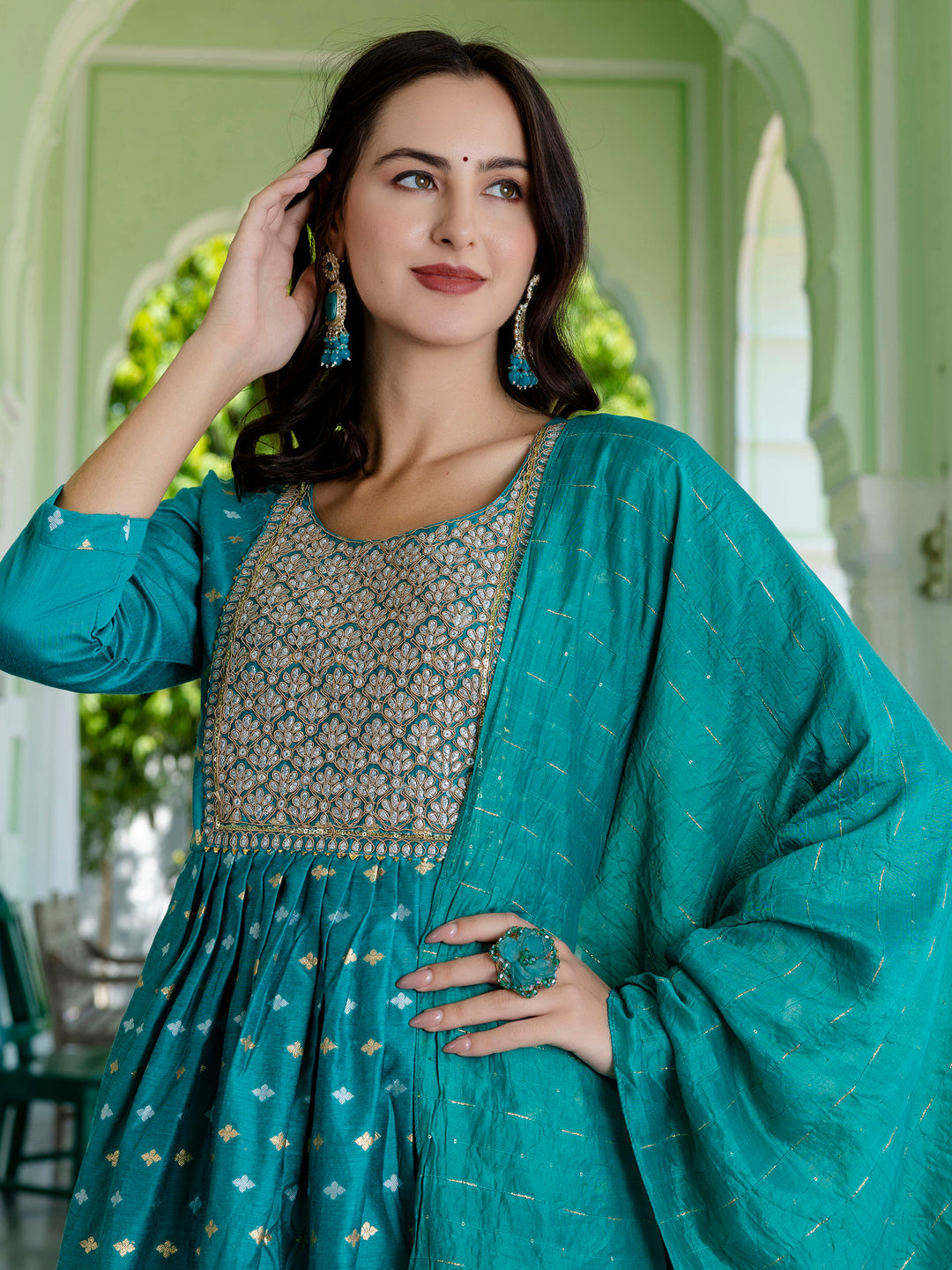 Kaveri Embroidered Chanderi Mehndi Suit Set with Dupatta Ethnic Sets
