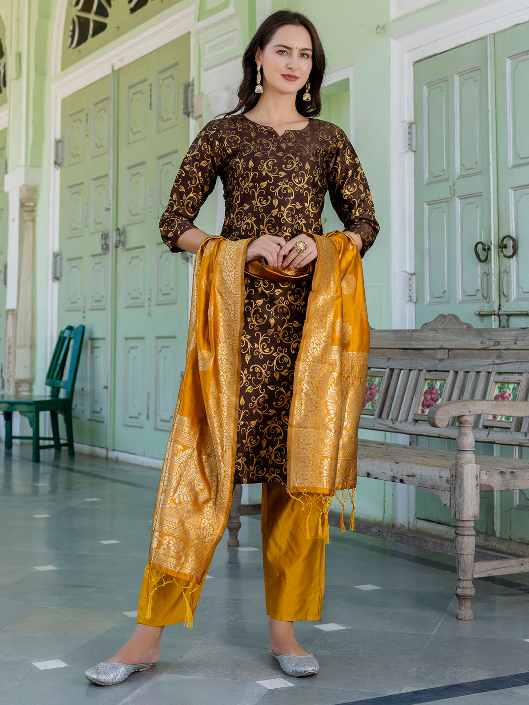Kanishka Cotton Silk Jacquard Kurta Pant & Banarasi Dupatta Set – Elegant Party Wear Outfit