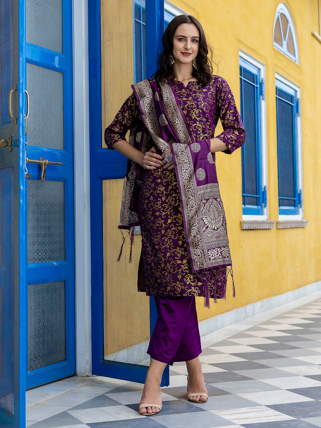 Kanishka Cotton Silk Jacquard Kurta Pant & Banarasi Dupatta Set – Elegant Party Wear Outfit