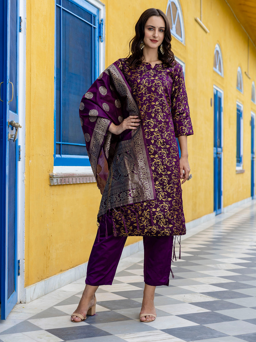 Kanishka Cotton Silk Jacquard Kurta Pant & Banarasi Dupatta Set – Elegant Party Wear Outfit