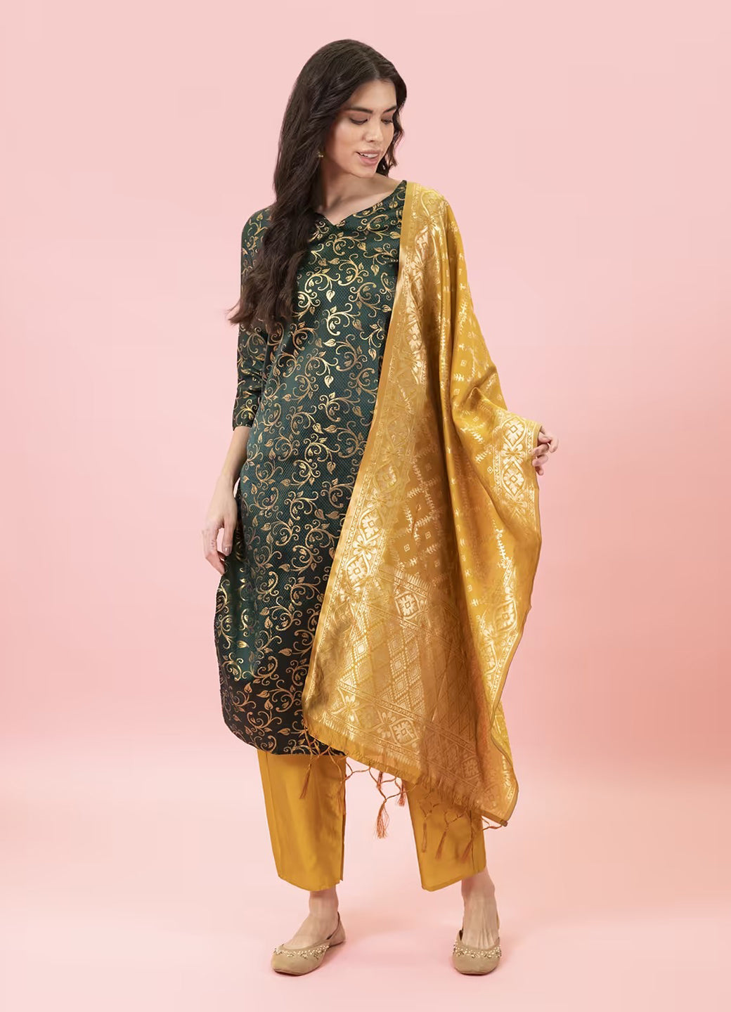 ZariZeenat Cotton Silk Jacquard Kurta Pant & Banarasi Dupatta Set – Elegant Party Wear Outfit