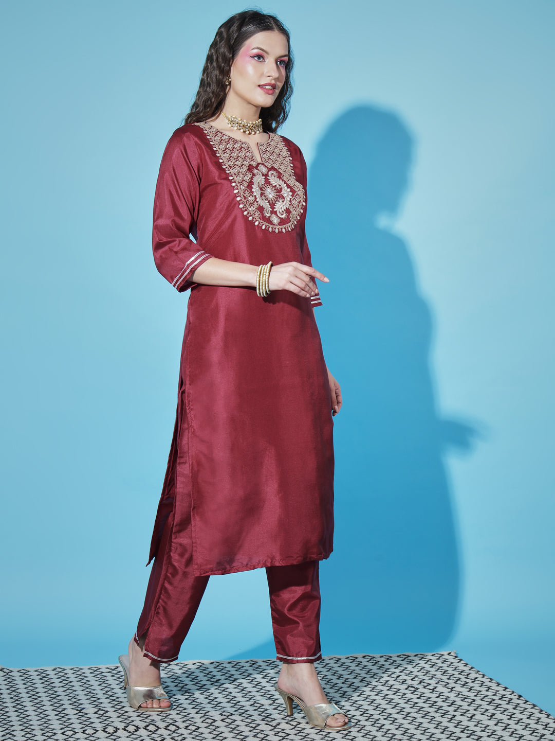 VredeVogel  Women Kurta and Trousers Pant Set Silk Blend