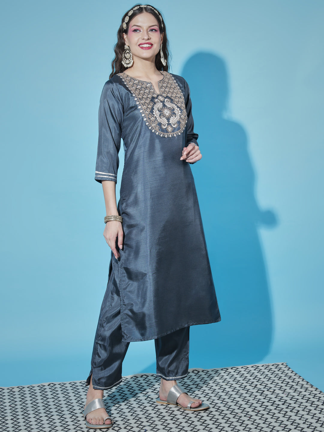 VredeVogel  Women Kurta and Trousers Pant Set Silk Blend