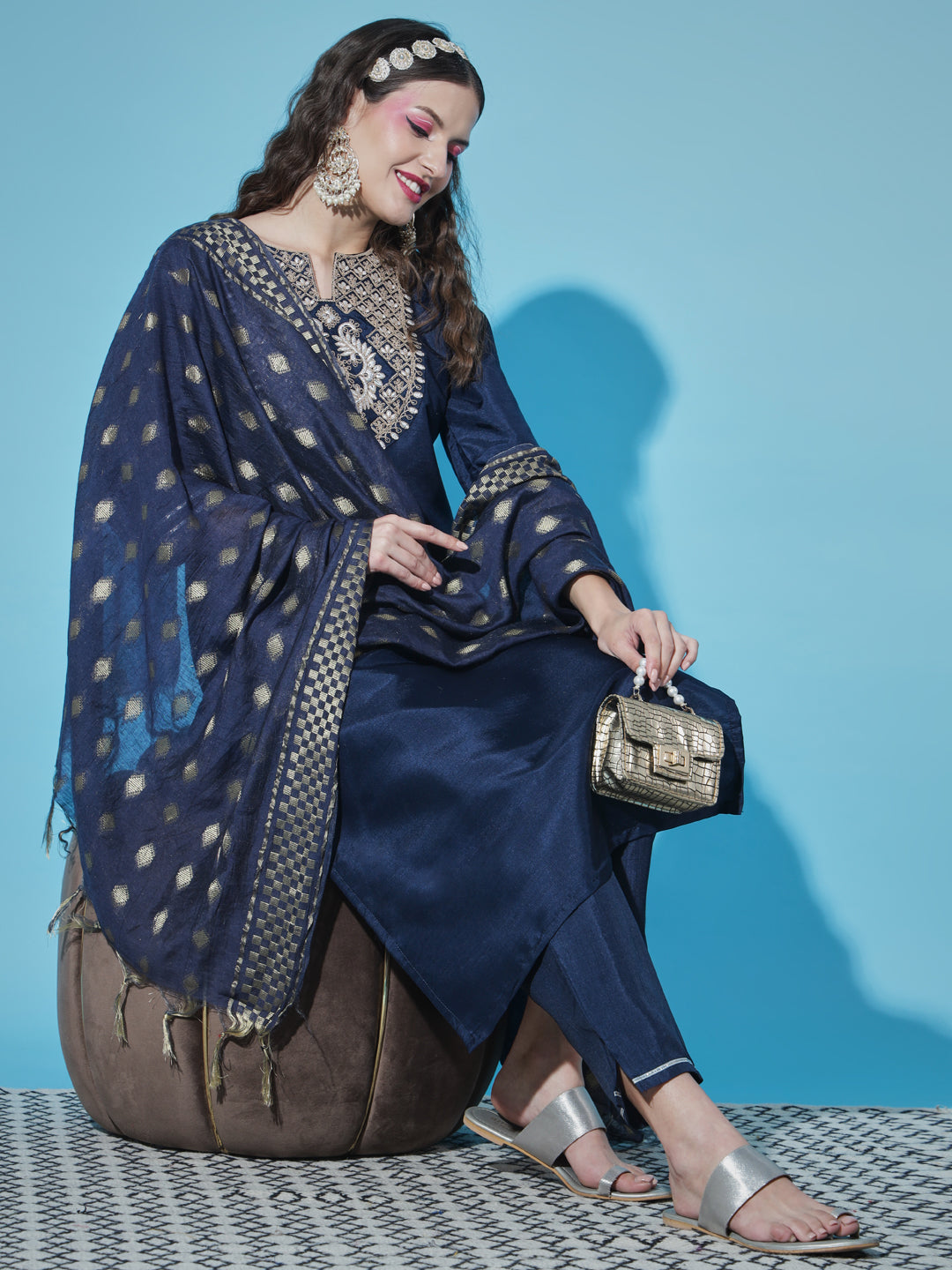 VredeVogel  Women Kurta and Trousers Pant Set Silk Blend