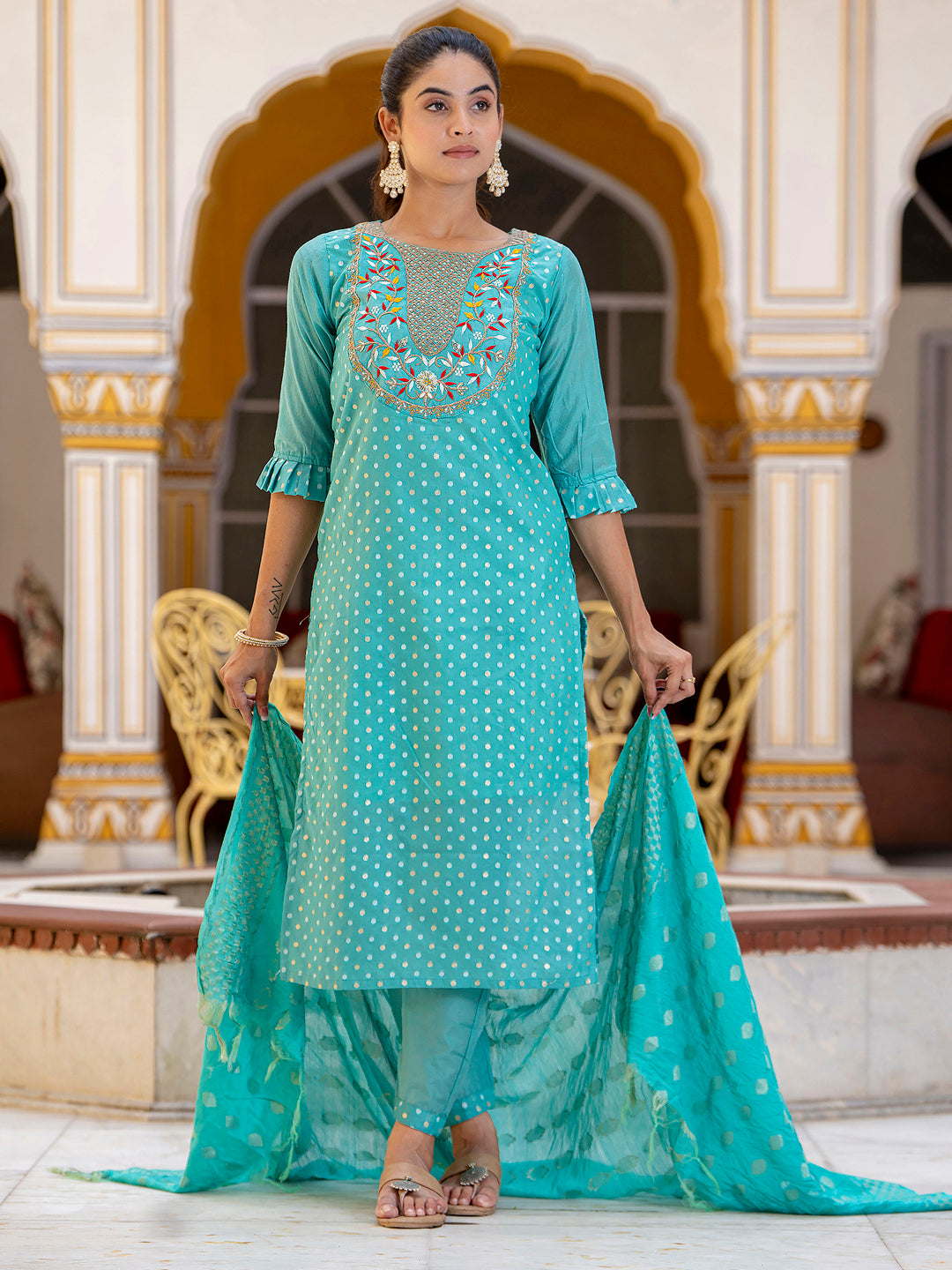 Varnika Chanderi Silk Kurta Set: Coding Embroidery, Party Wear Elegance