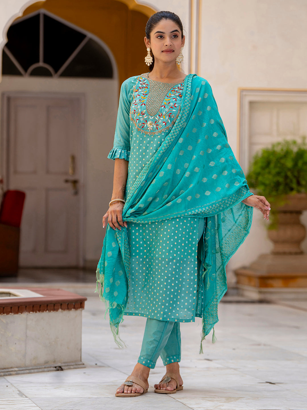 Varnika Chanderi Silk Kurta Set: Coding Embroidery, Party Wear Elegance