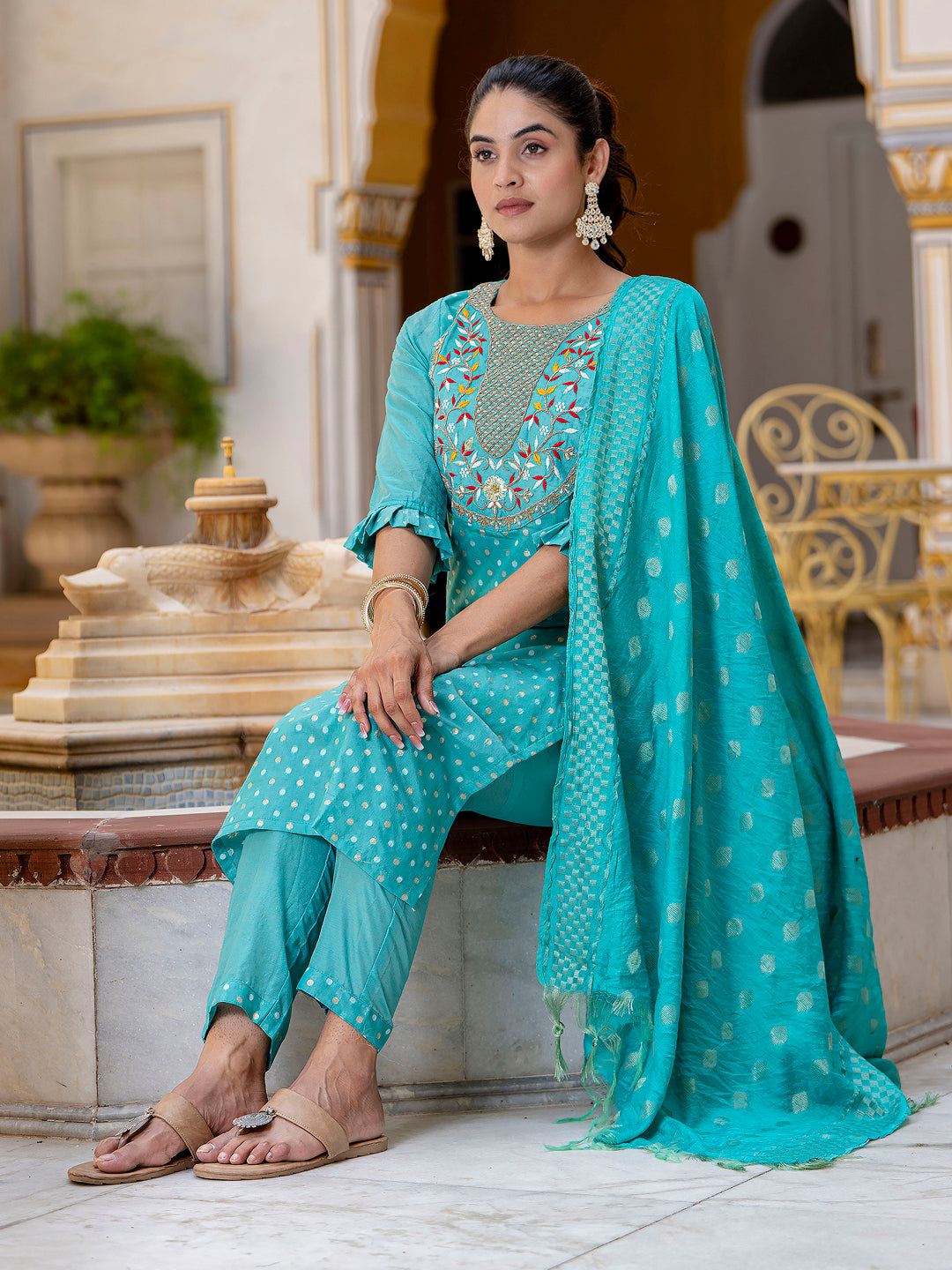 Varnika Chanderi Silk Kurta Set: Coding Embroidery, Party Wear Elegance