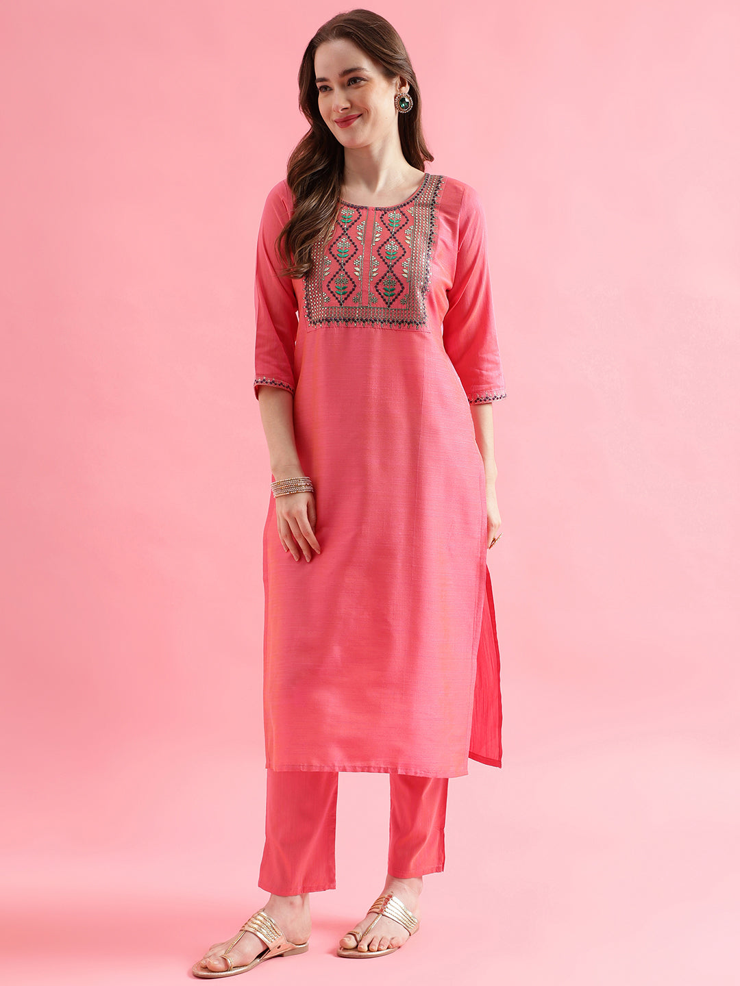 VredeVogel  Women Kurta and Trousers Pant Set Cotton Silk Blend
