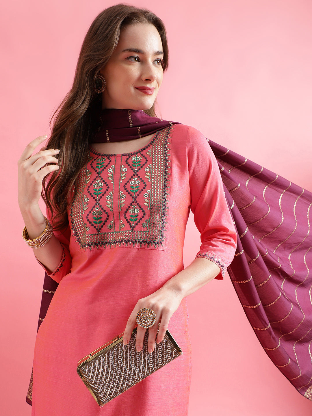 VredeVogel  Women Kurta and Trousers Pant Set Cotton Silk Blend