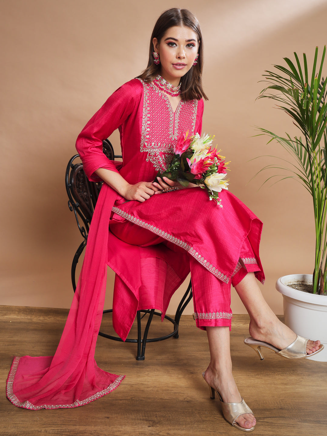 VredeVogel  Women Kurta and Trousers Pant Duppatta Set Silk Blend Nyra Cut