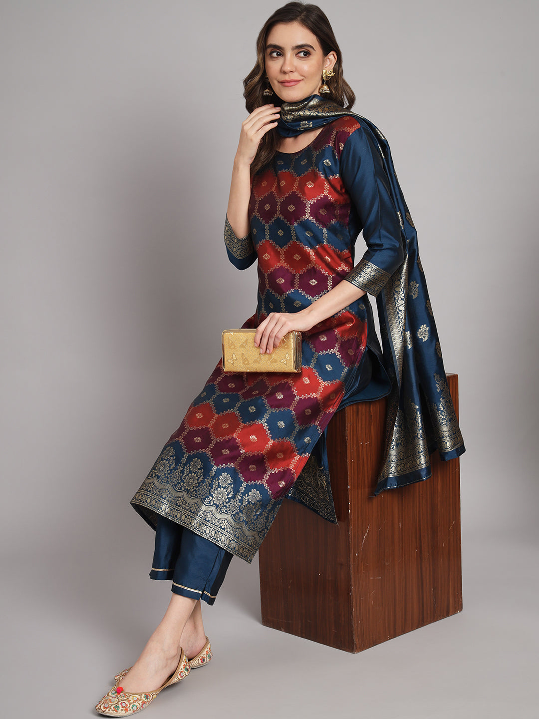 Women Kurta and Trousers Pant Set Heavy Zari Work Silk Blend