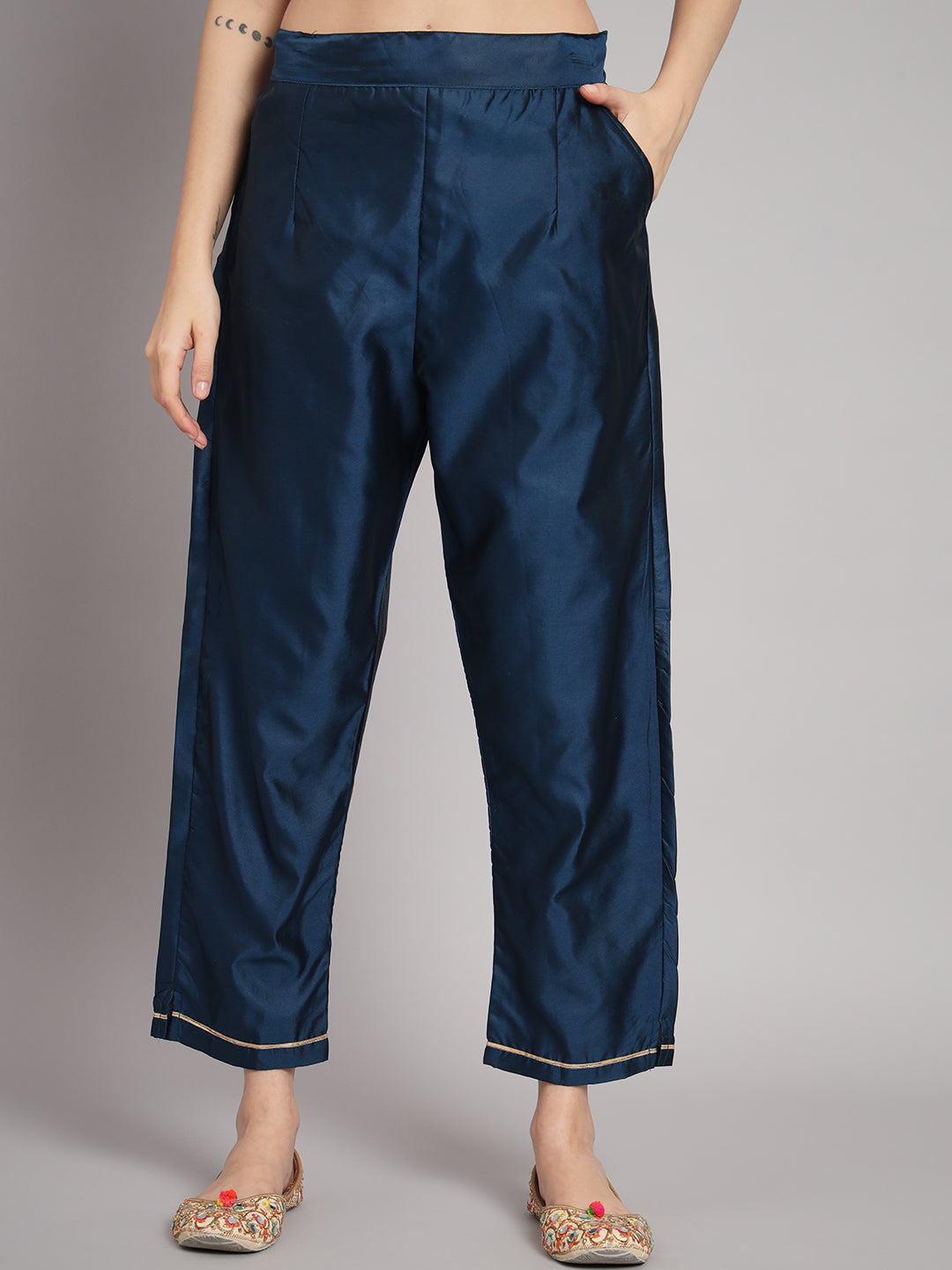 Women Kurta and Trousers Pant Set Heavy Zari Work Silk Blend